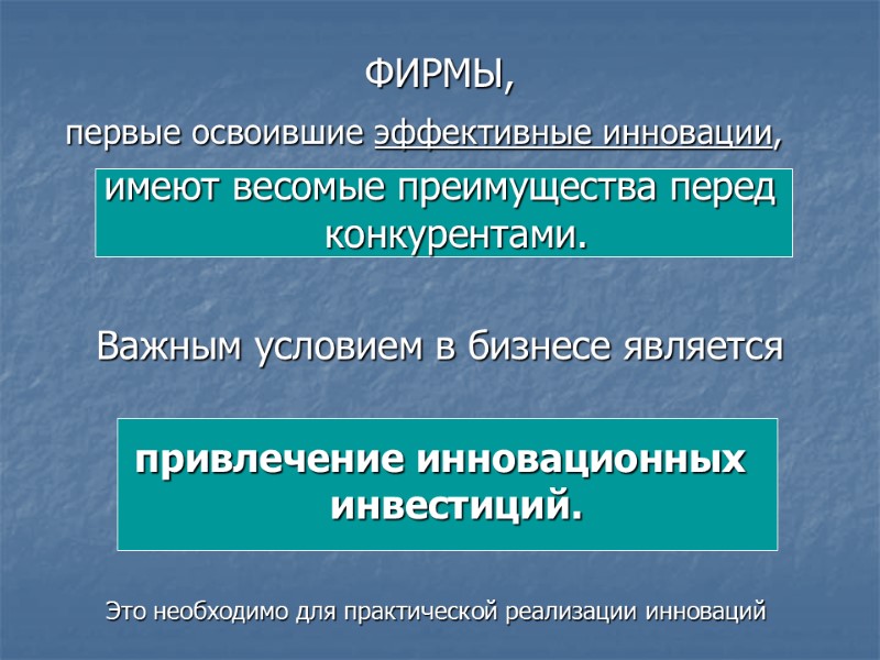 ФИРМЫ,  первые освоившие эффективные инновации,  имеют весомые преимущества перед конкурентами.  Важным